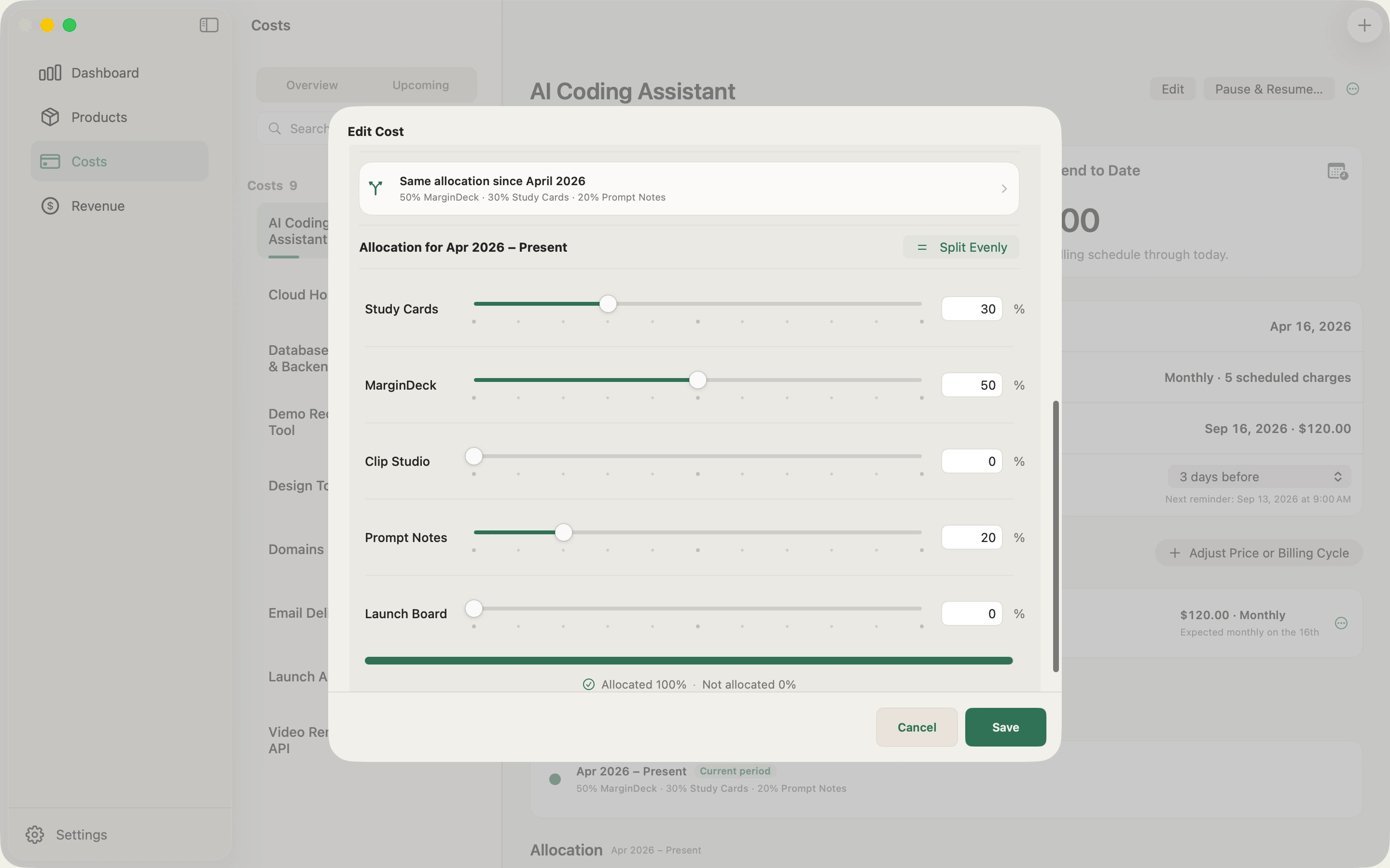 MarginDeck Edit Cost sheet splitting one shared subscription across products while preserving its allocation history.