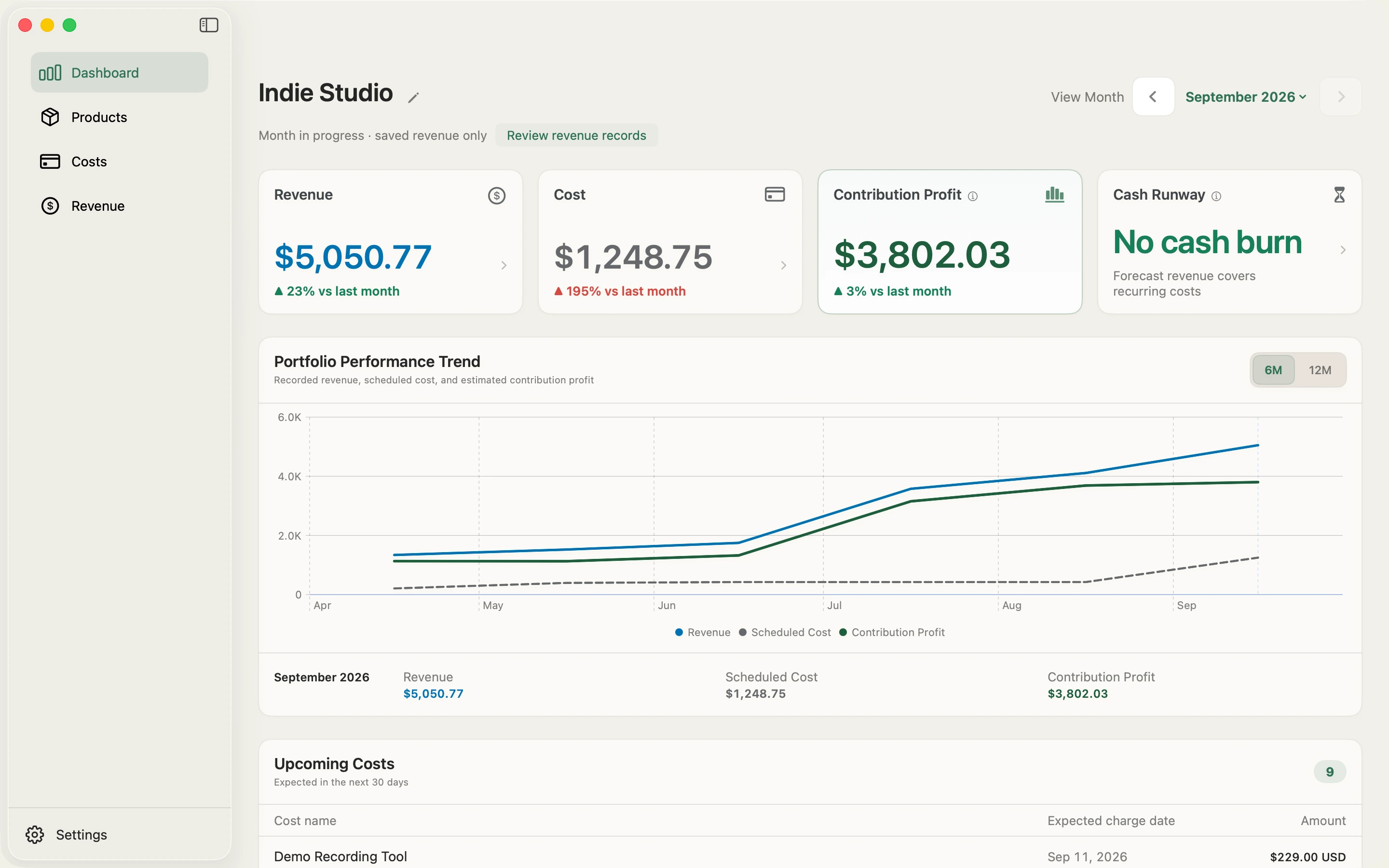 MarginDeck 1.5 Dashboard showing revenue, scheduled costs, contribution profit, portfolio trends and business signals.