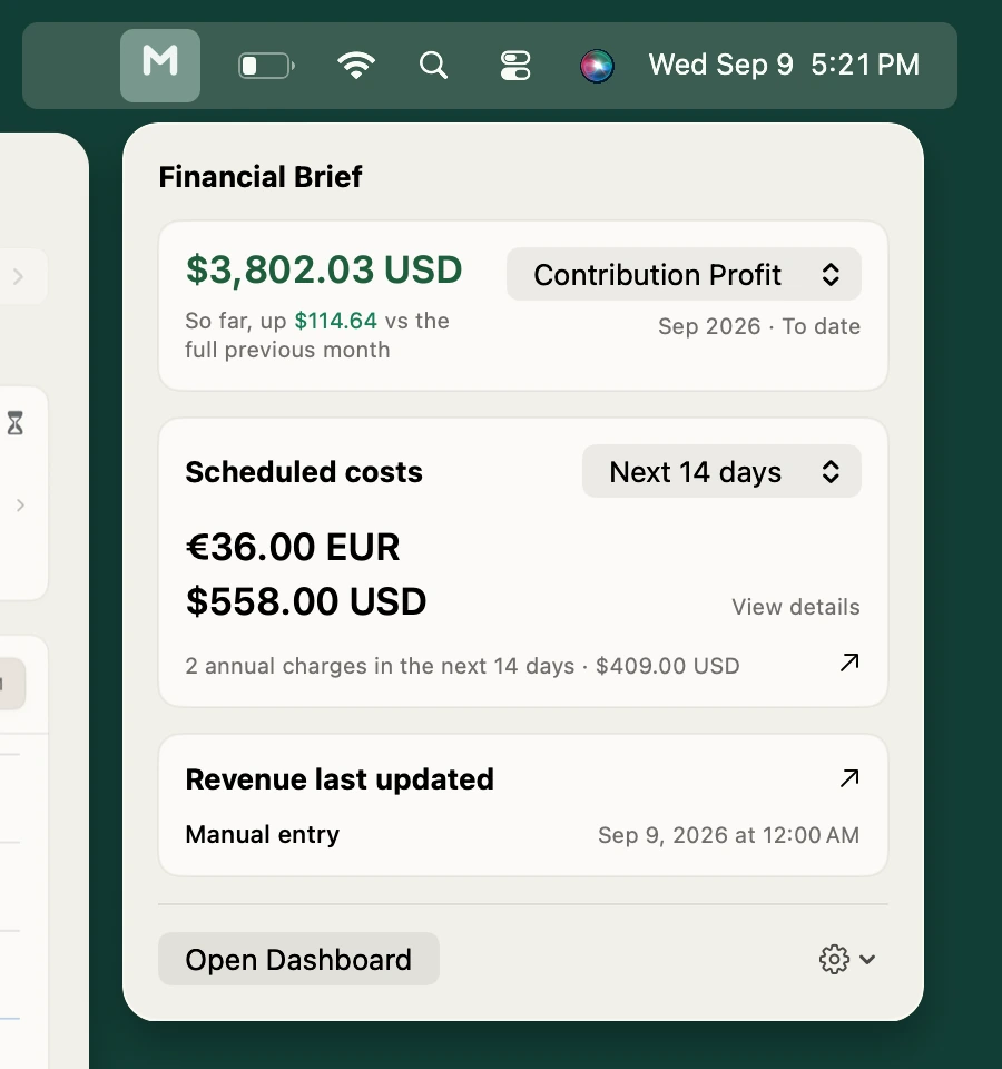 MarginDeck Financial Brief open from the Mac menu bar, showing contribution profit, upcoming costs, annual charges and the last revenue update.
