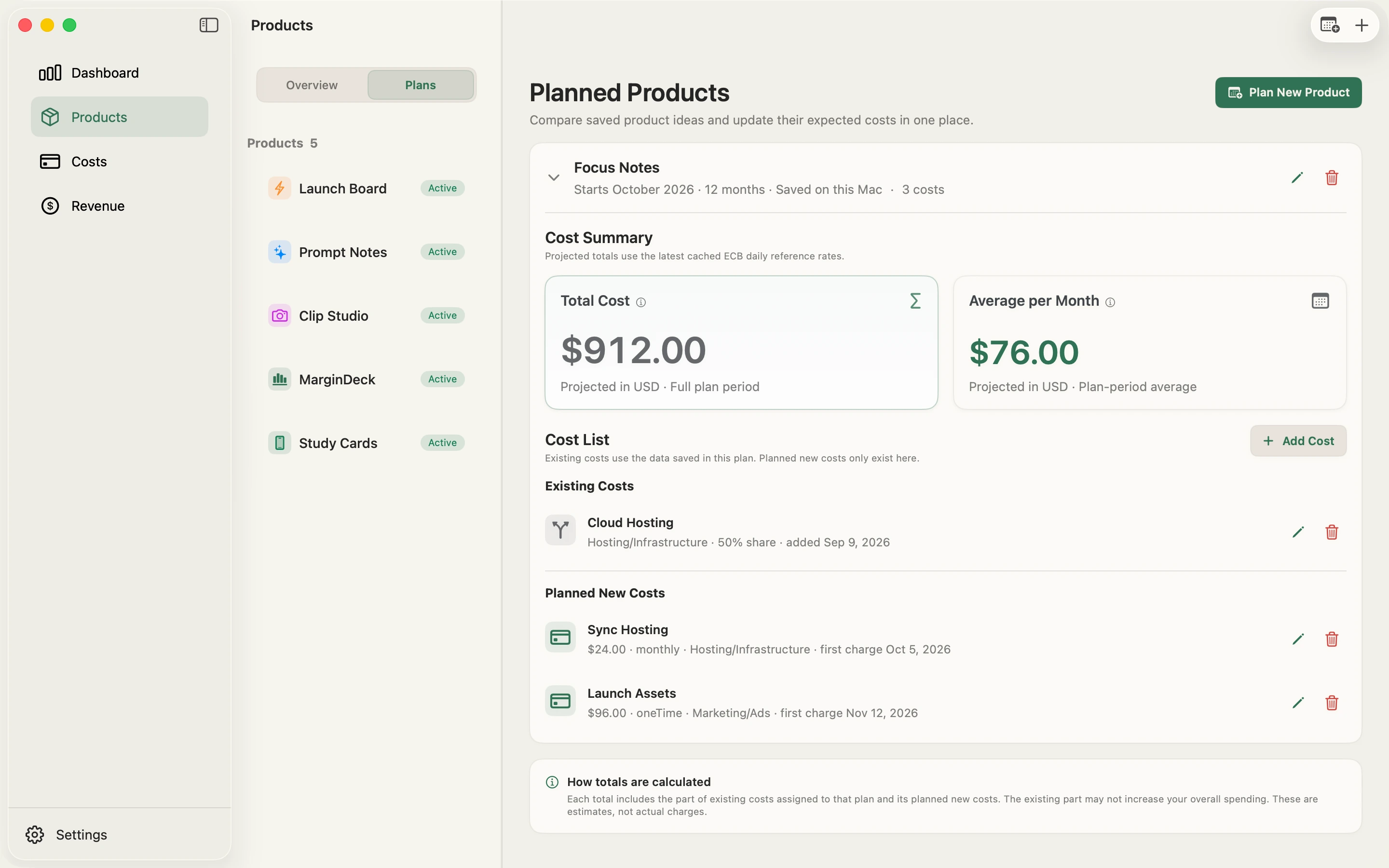 MarginDeck Planned Products view showing a saved twelve-month plan, display-currency total and monthly average, existing cost shares, and planned new costs.