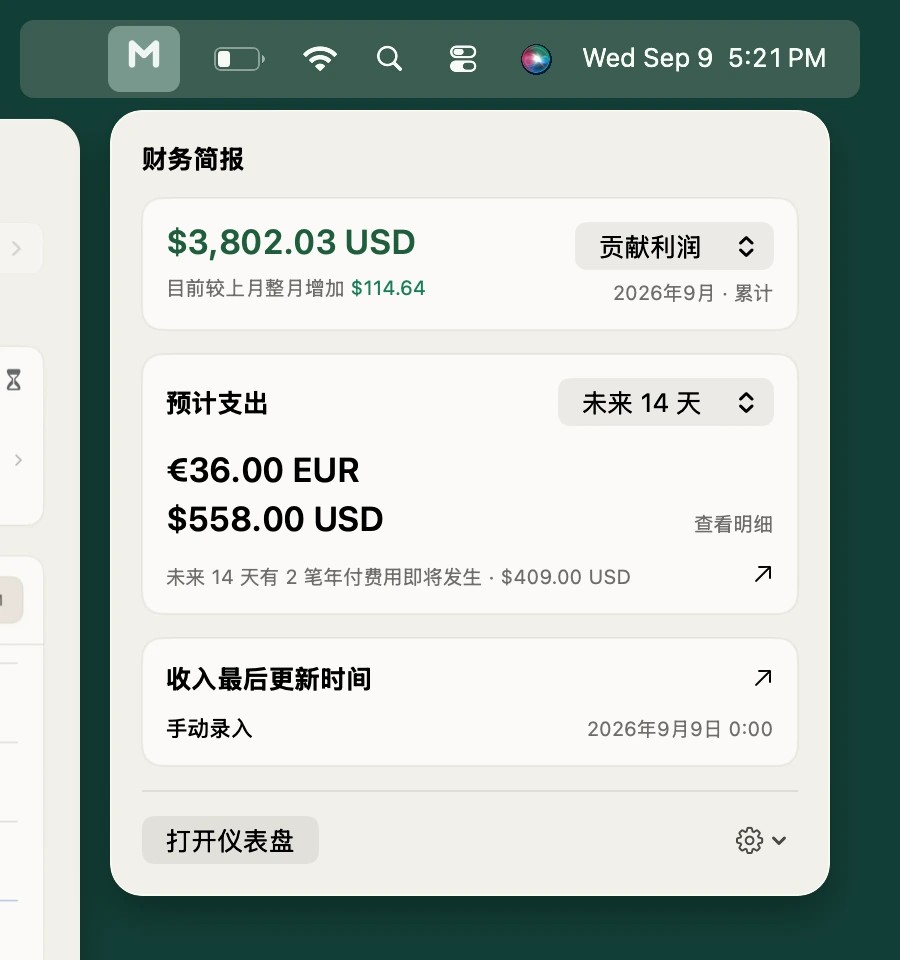 MarginDeck 财务简报从 Mac 菜单栏展开，显示贡献利润、未来支出、年付费用和收入最后更新时间。