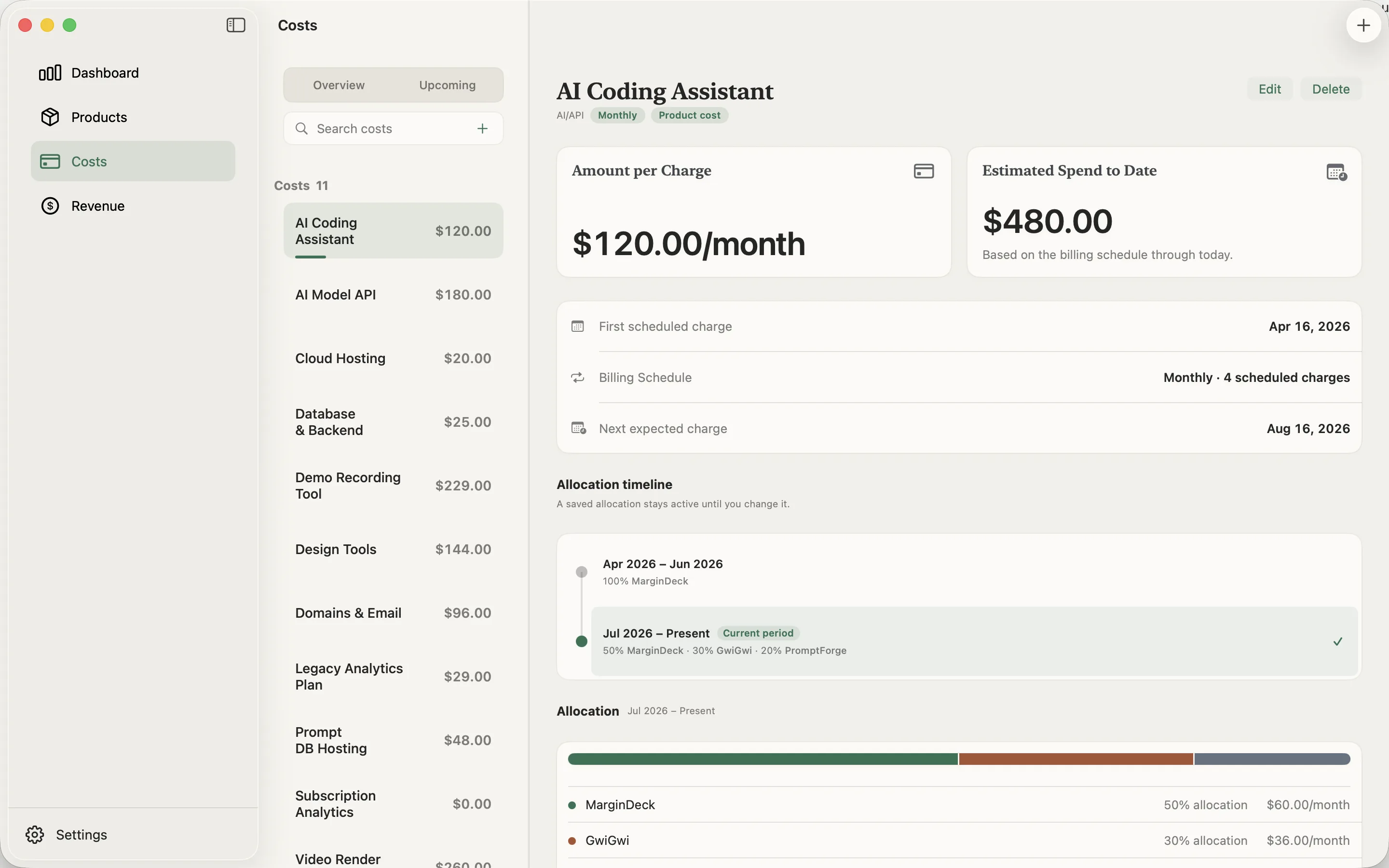 MarginDeck cost detail showing a monthly shared cost, its allocation timeline, and the current percentage split across three products.