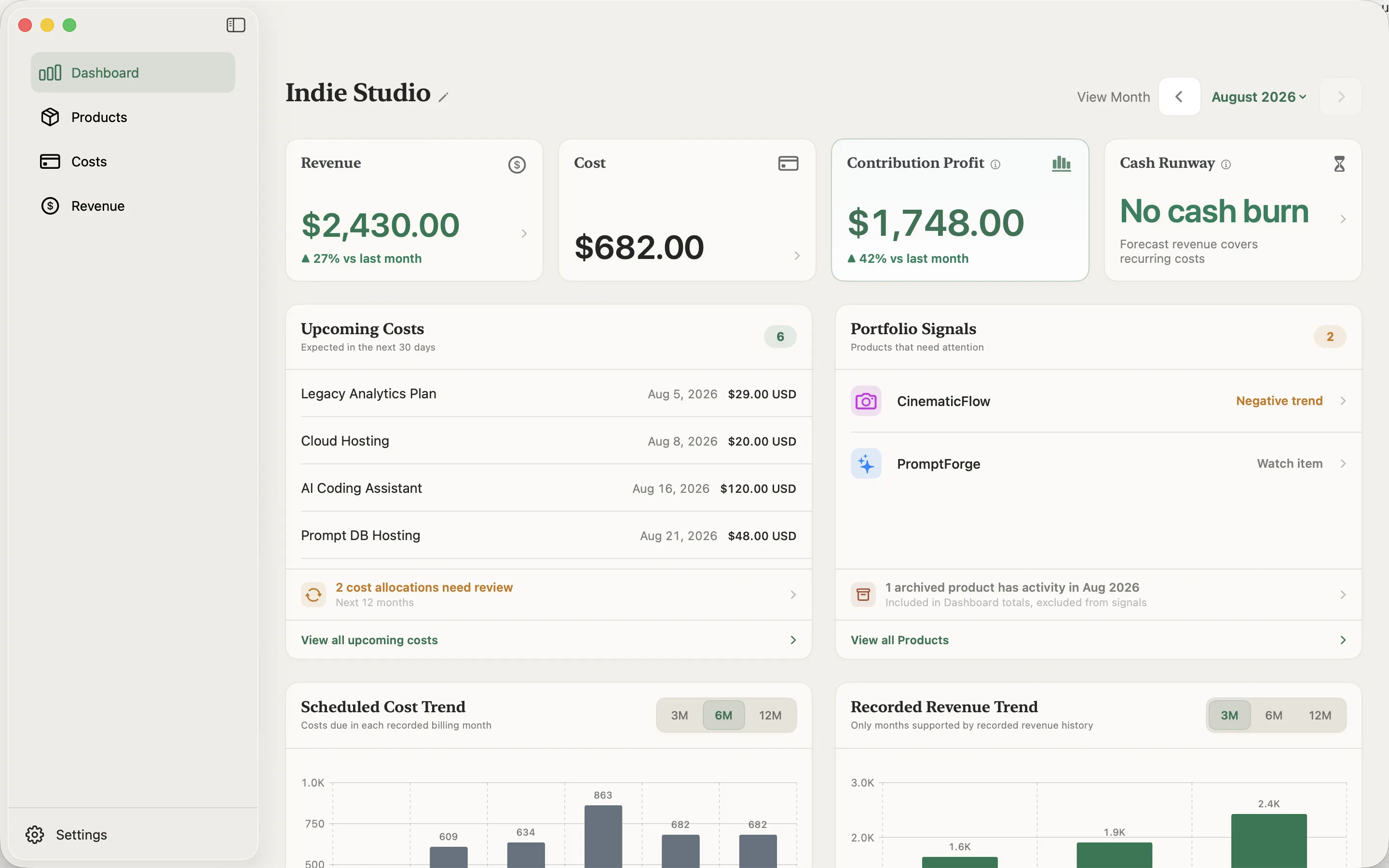 MarginDeck Dashboard comparing five products by revenue, allocated cost, estimated contribution profit, margin, and decision signal.