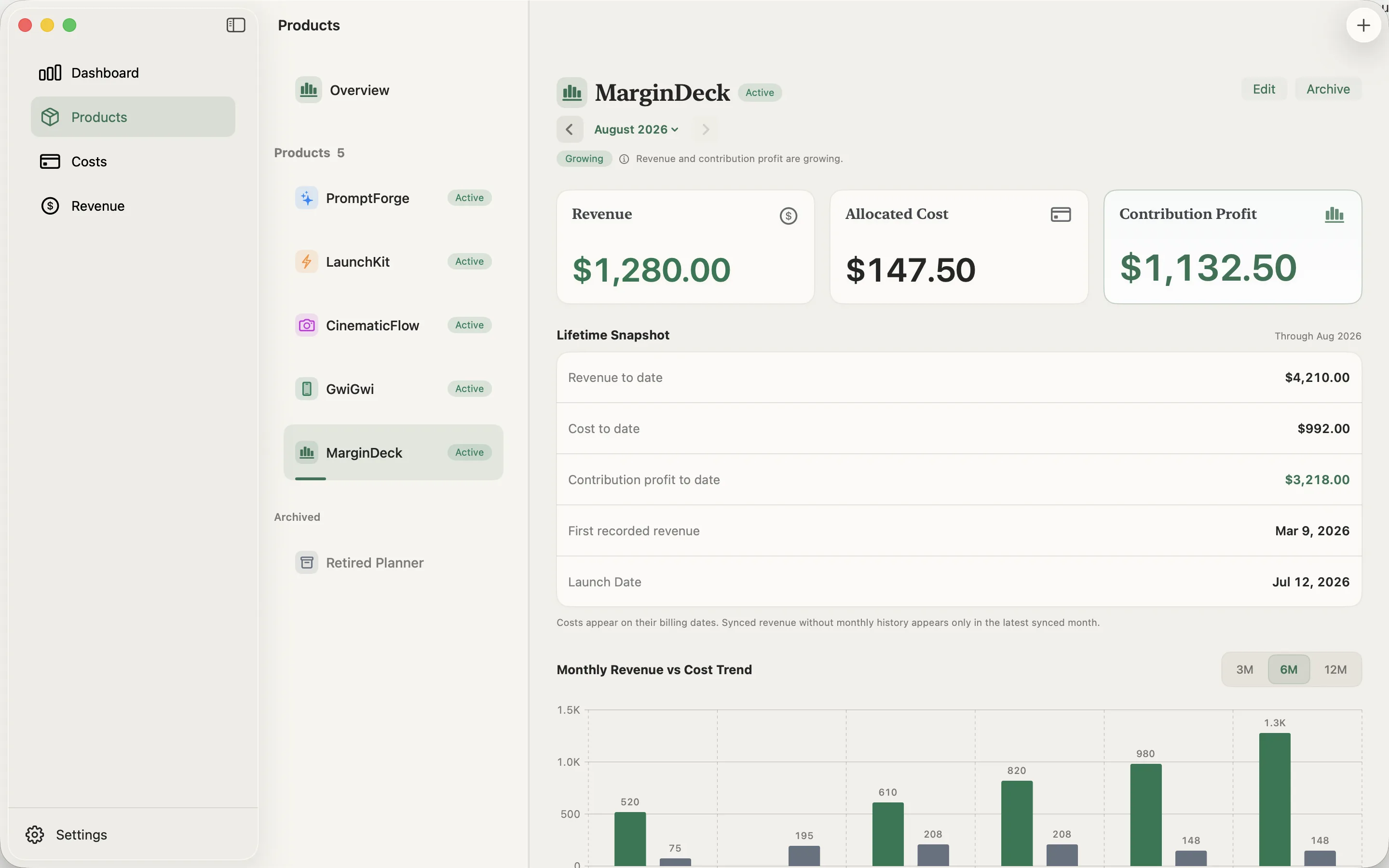 MarginDeck product detail showing monthly revenue, allocated cost, estimated contribution profit, a lifetime snapshot, and a six-month trend.