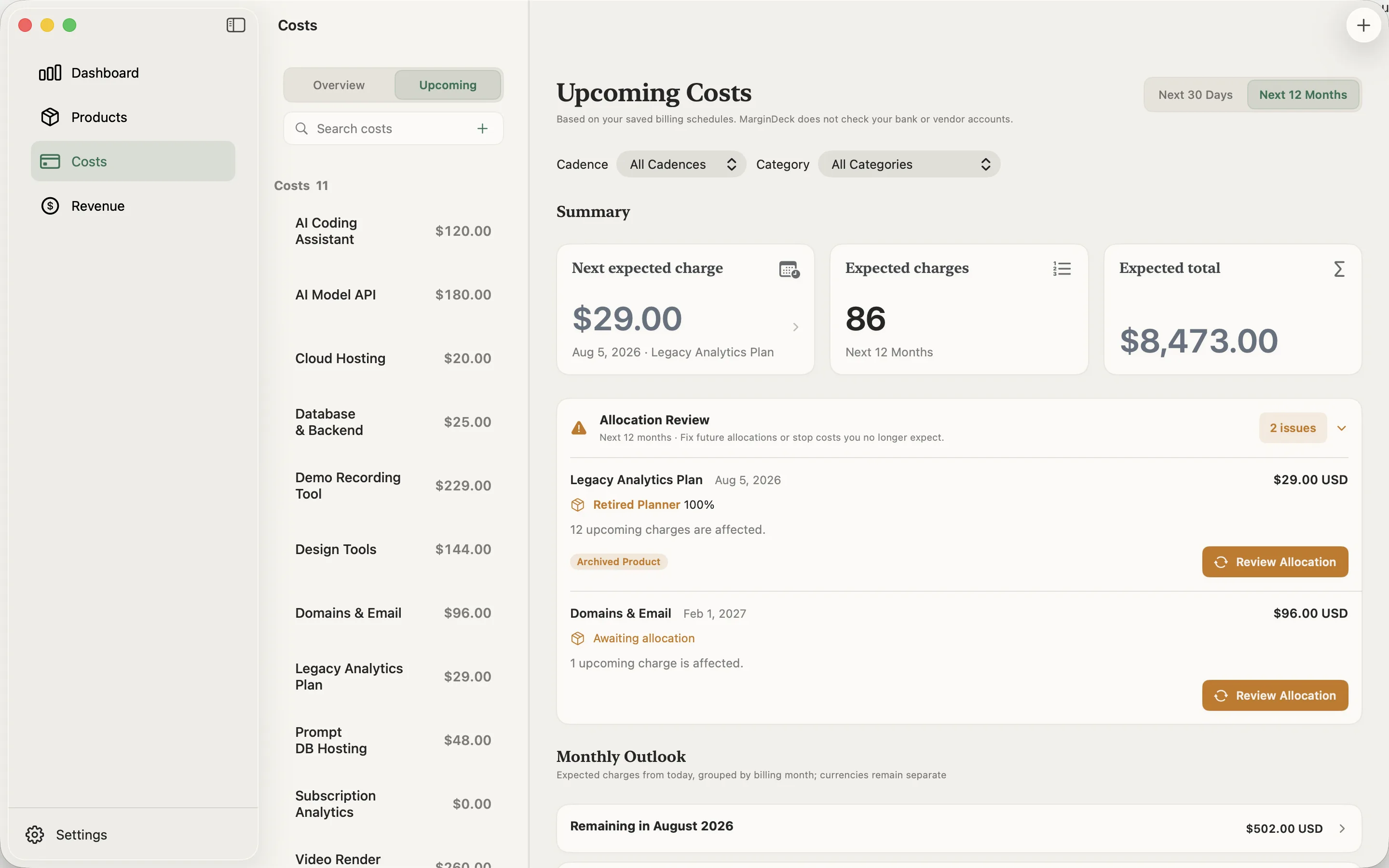 MarginDeck Upcoming Costs view showing expected charges over the next twelve months, monthly totals, allocation issues, and recorded billing schedules.